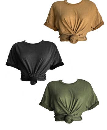 Three knot-front cropped t-shirts in neutral tones
