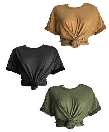 Three knot-front cropped t-shirts in neutral tones