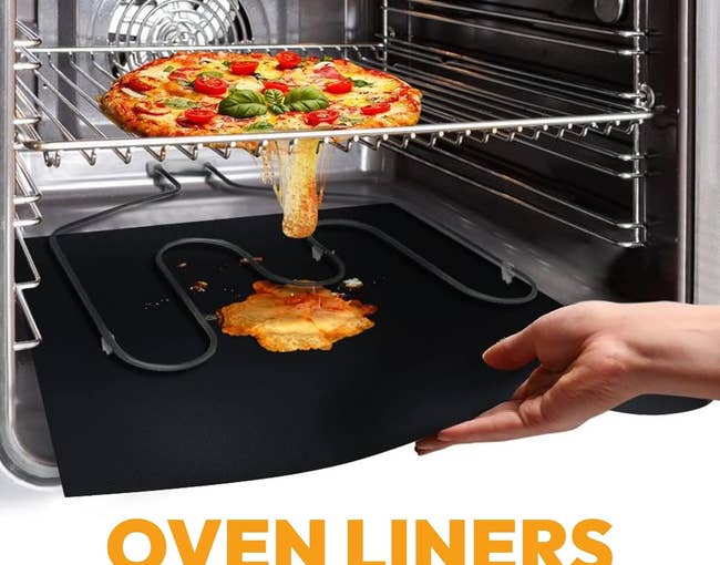 a pizza in an oven, dripping with liner at the bottom catching it