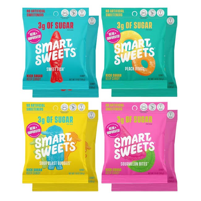 Four SmartSweets candy packs: Sweetfish, Peach Rings, Sour Blast Buddies, and Sourmelon Bites, each with 3g of sugar and no artificial sweeteners