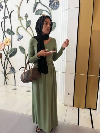 reviewer wears agelong  sleeve maxi formal  