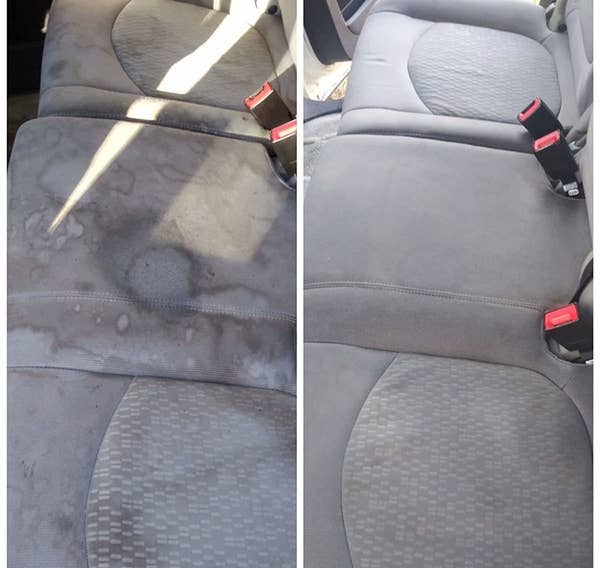 before-and-after of reviewer's dirty car seat and then clean car seat
