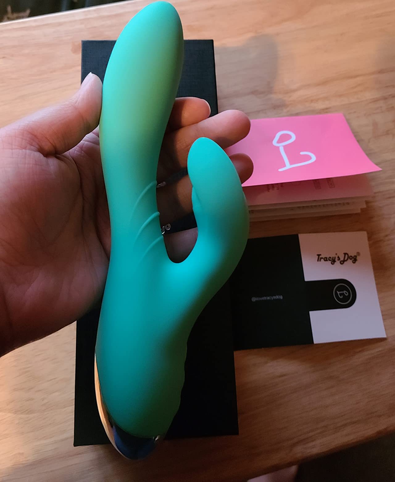 Hand holding teal rabbit vibrator