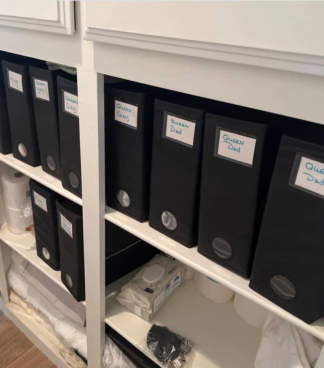 Organized shelves with achromatic  binders labeled for storage, alongside household   items similar  towels and tissues