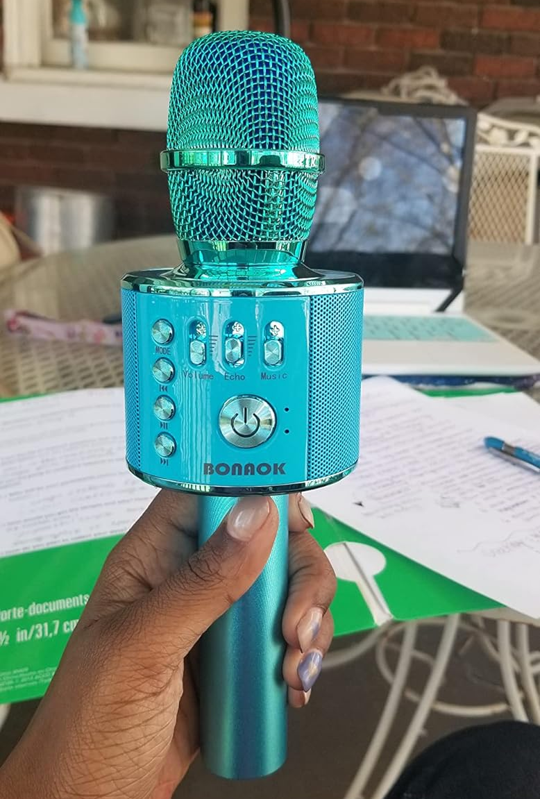 Reviewer holding blue karaoke mic with buttons