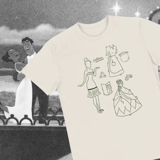 an off white t-shirt with a green outline of princess tiana and her various outfits and accessories