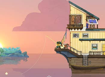 a screenshot from the game showing the player fishing off the back of a boat 