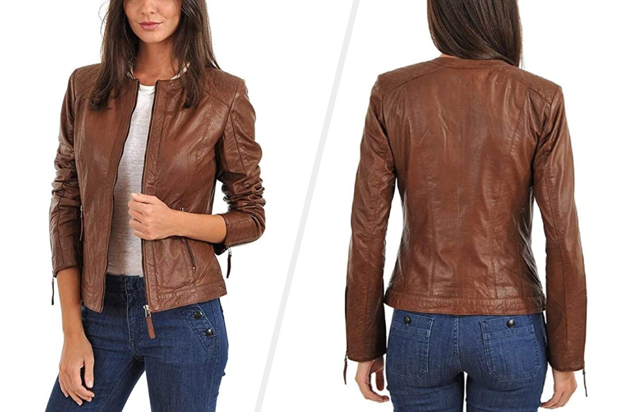 Two images of a model wearing the brown jacket