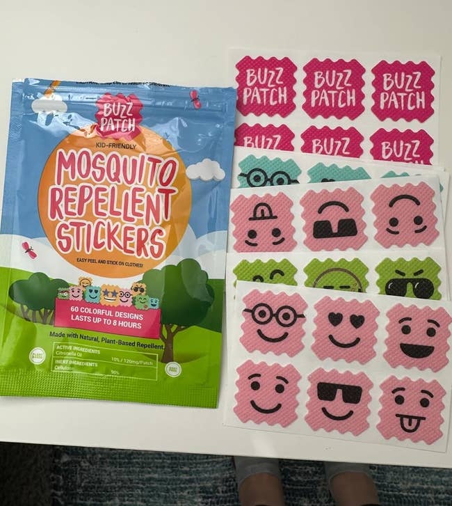 BuzzPatch Mosquito Repellent Stickers packaging and respective sticker sheets with colorful, playful designs, specified arsenic animals and smiley faces