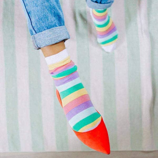 a model wearing the striped socks