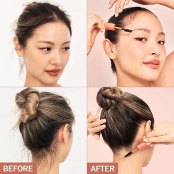A exemplary demonstrating eyebrow and hairsbreadth styling tools; before-and-after shots item smoother hairsbreadth and much defined eyebrows