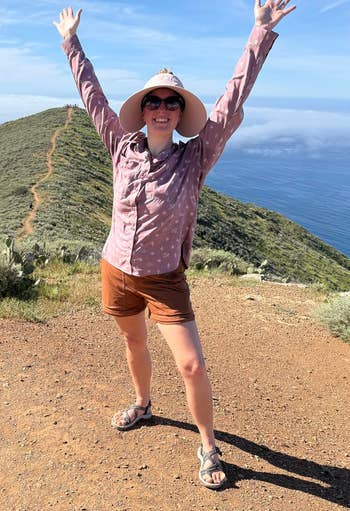 reviewer wearing the sandals connected a hike