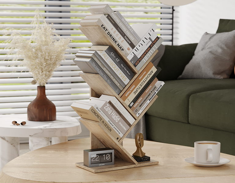 the wood tree bookshelf holding various books