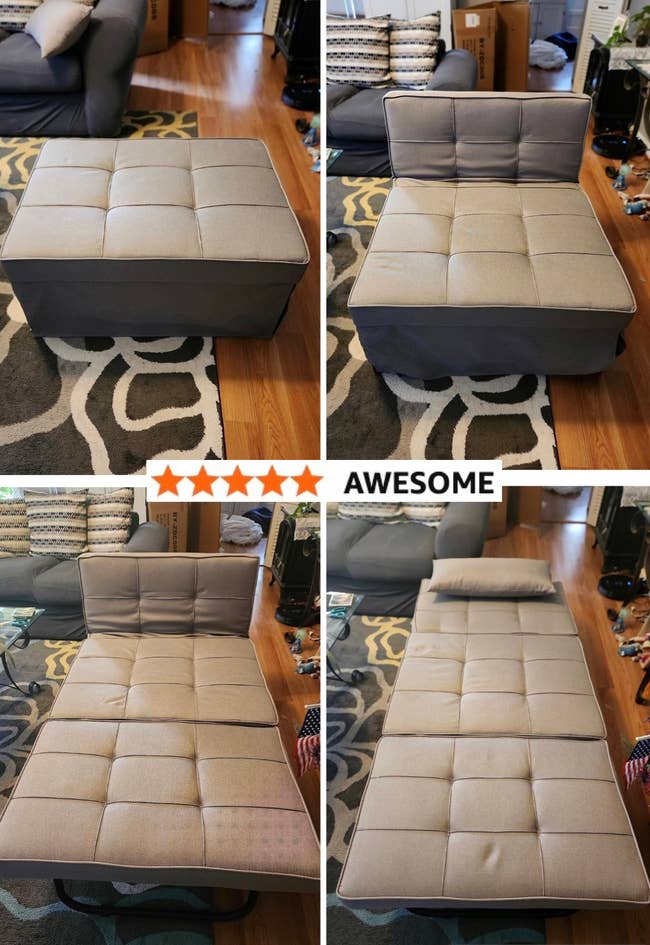 Convertible ottoman and seat  transforming into a bed, showcasing versatility and precocious   lawsuit    rating. Perfect for compact surviving  spaces