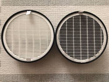 a reviewer photo of a clean filter and a dirty filter that's been cleaning the air for two months, showing how much dirt it's absorbed