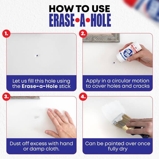 Step-by-step guide on using Erase-a-Hole: apply, smooth, dust, and paint over