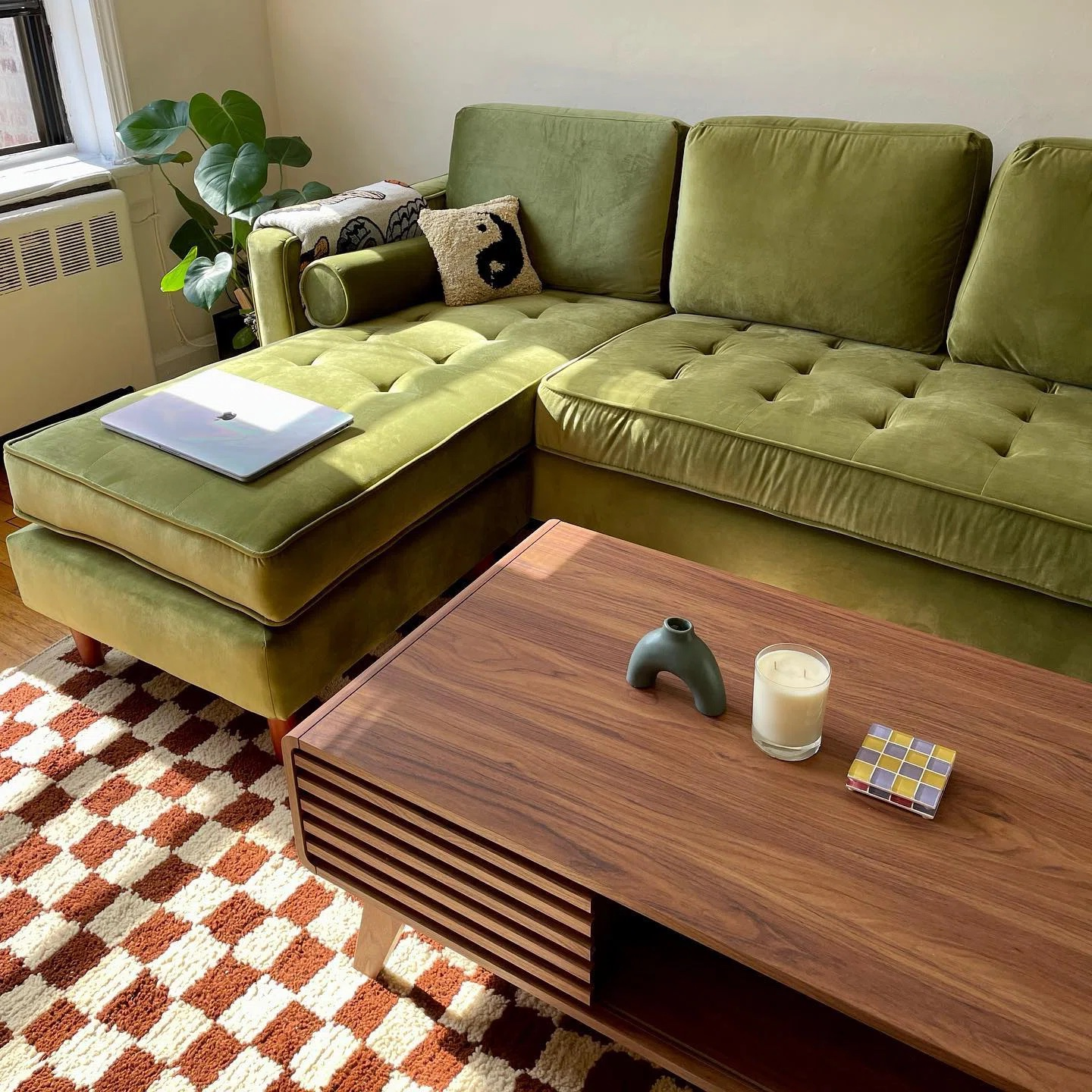 close up of the green couch in a living room