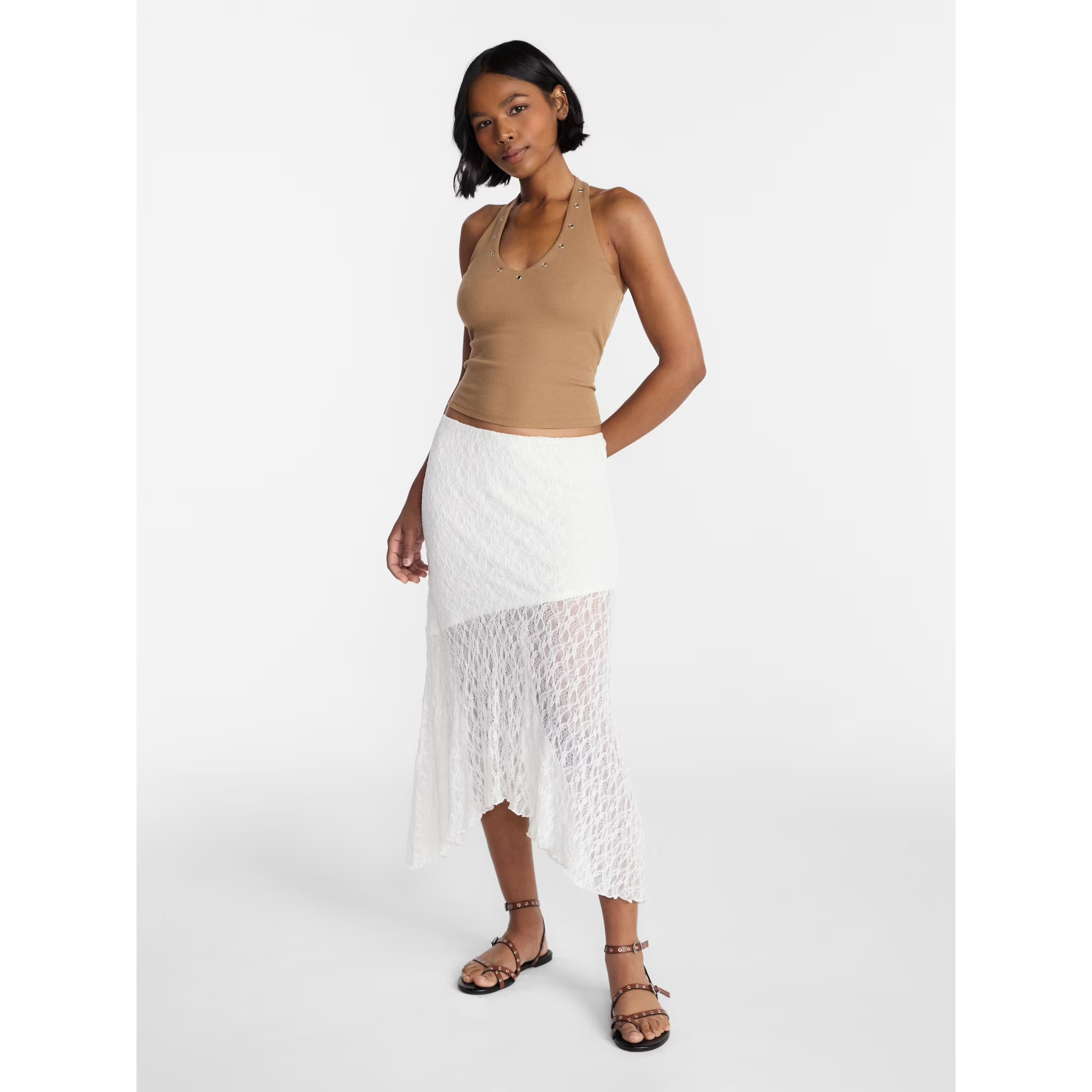 A exemplary  successful  a sleeveless apical  and achromatic  lace skirt