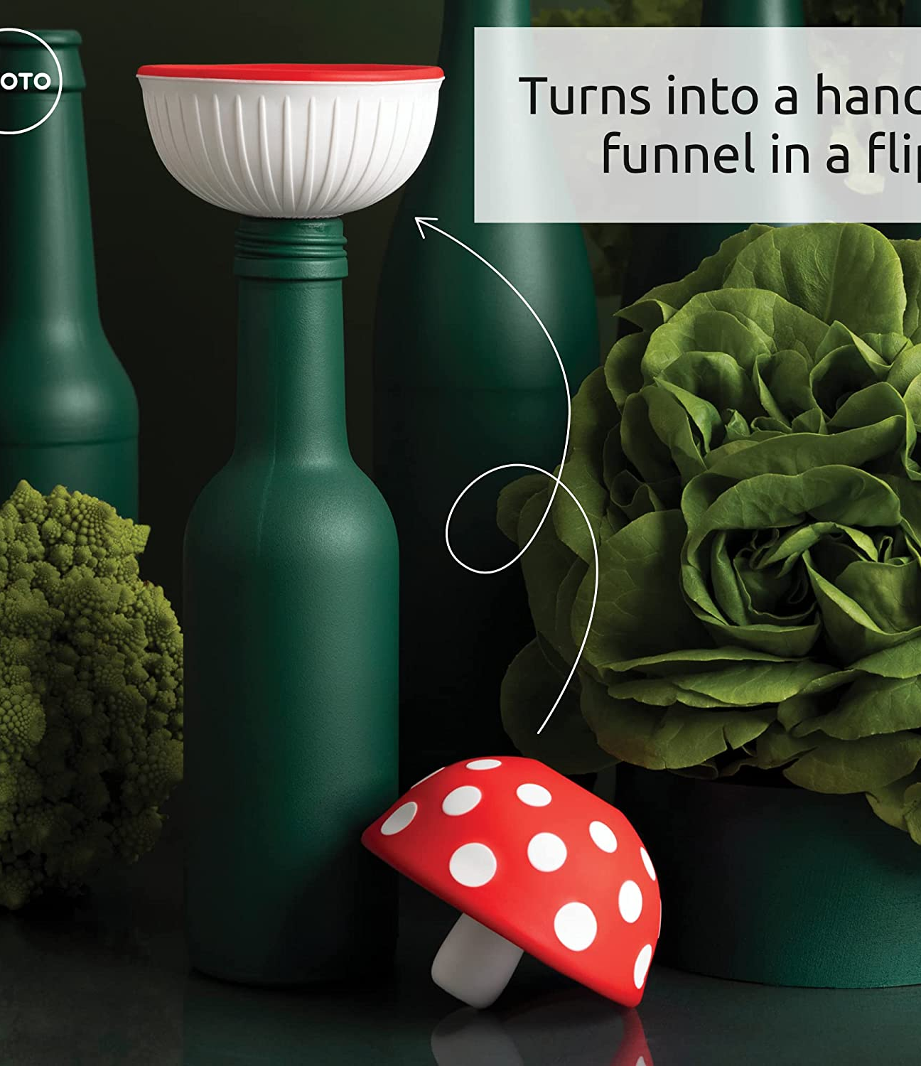 red cap mushroom shaped funnel beside bottle with the same product flipped and the words turns into a handle funnel in a flip