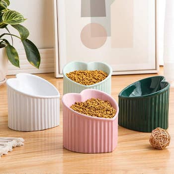 Four pet food bowls in different shapes and shades on a wooden surface