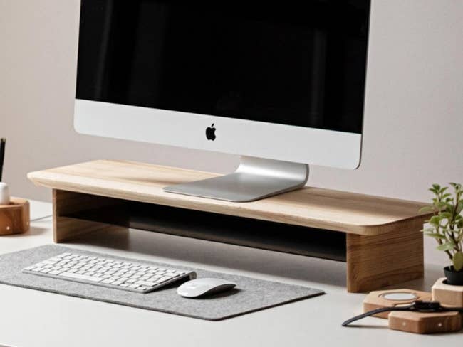 An iMac on a wooden monitor  stand 