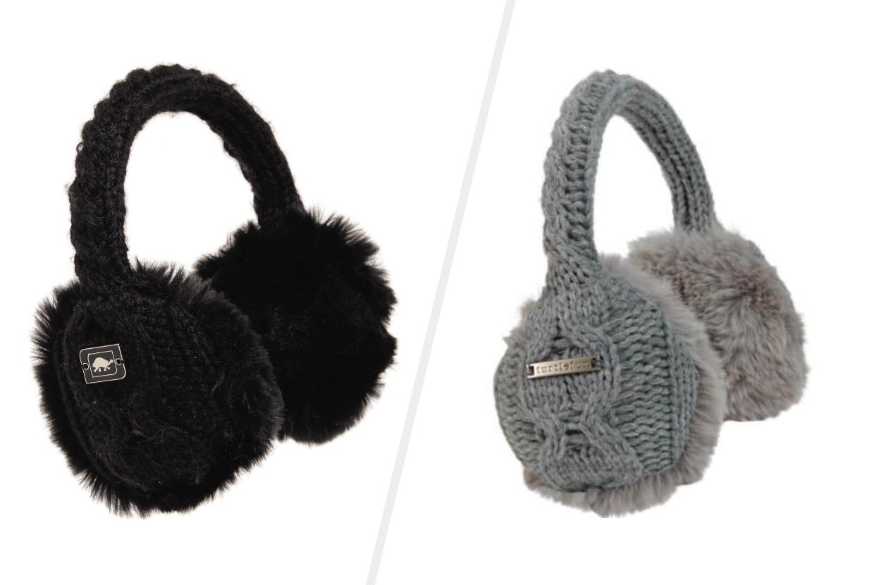 split image of two pairs of cable knit earmuffs: black on the left and gray on the right