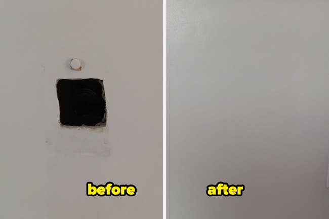 a hole before and after using the repair kit