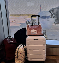 reviewer's pink blanket and pillow wrapped up in its carrying case and attached to the handle of their suitcase