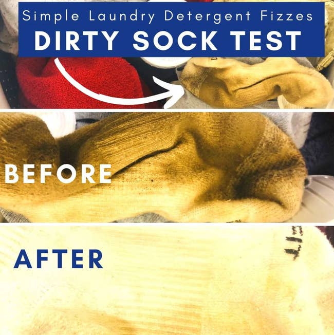 A before and after pic of a dirty sock and then it gets cleaned