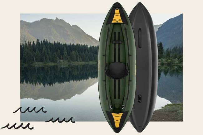 kayak inflated and illustrated in front of a picture of a lake with wave sketches 