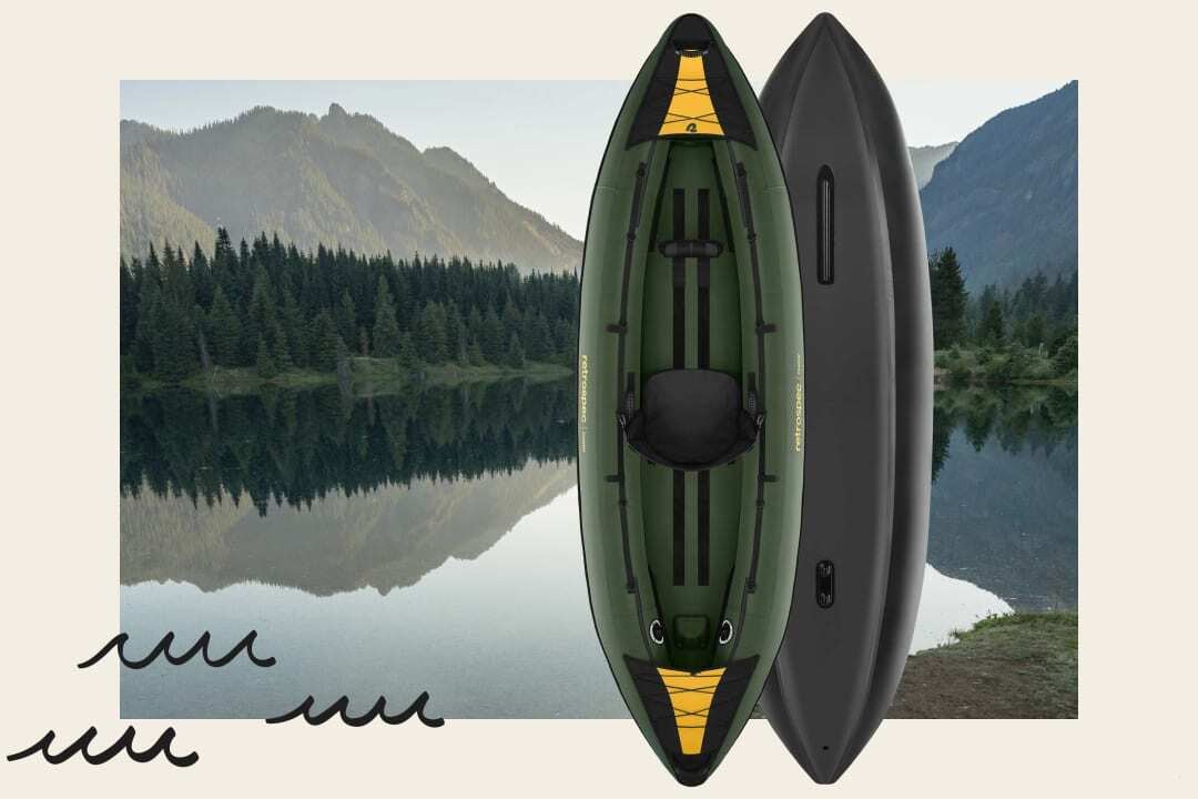 kayak inflated and illustrated in front of a picture of a lake with wave sketches