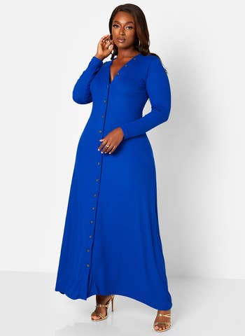 a model wearing the A-line maxi dress with front button closures in royal blue 