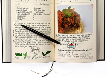 inside of the cookbook with a sample of what a recipe filled inside the book would look like