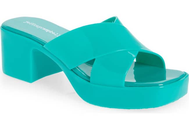 teal chunky sandals with criss crossing straps