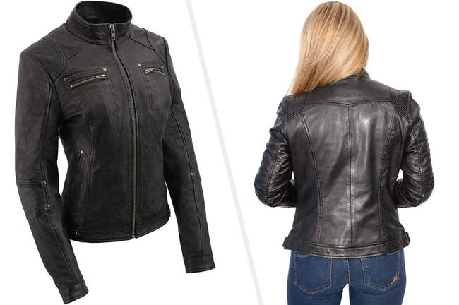 Two images of the black leather jacket