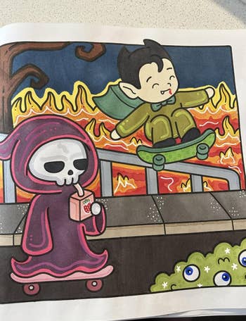 Cartoon vampire skateboarding while a Grim Reaper drinks juice nearby; background features flames and watching eyes