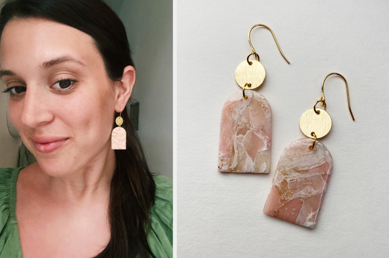 Image of shop owner wearing pink earrings and pink earrings on white background