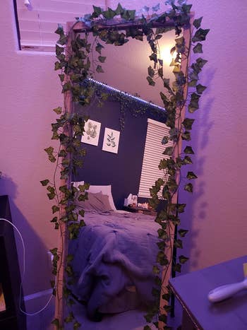 reviewer photo of their full-length mirror with the fake vine garland draped over the top and sides