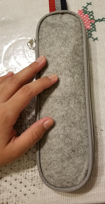 a reviewer photo of the light gray traveling case