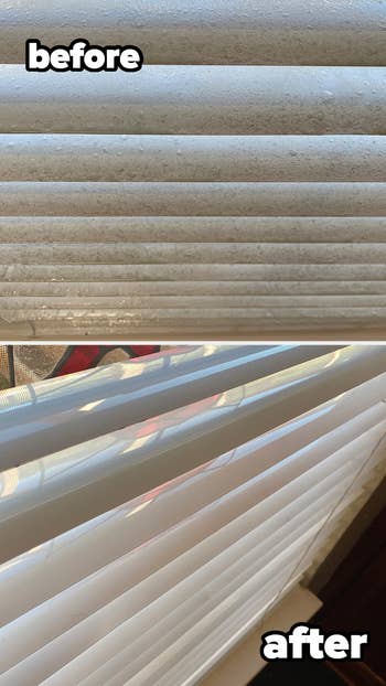 before and after of dirty blinds that have been cleaned using the duster