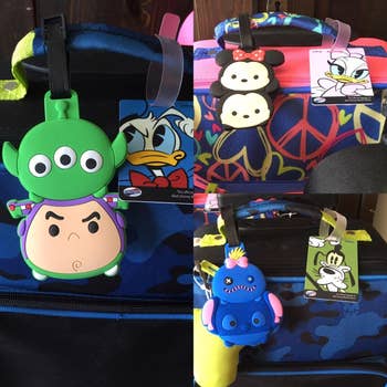 reviewer collage of Disney character luggage tags on kids' suitcases