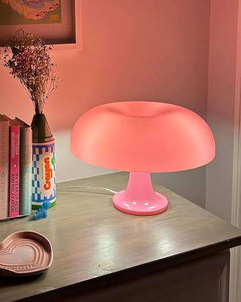 pink mushroom lamp on a dresser