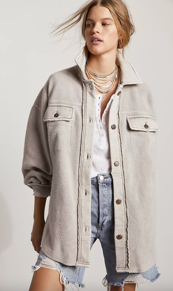 model wearing beige shacket