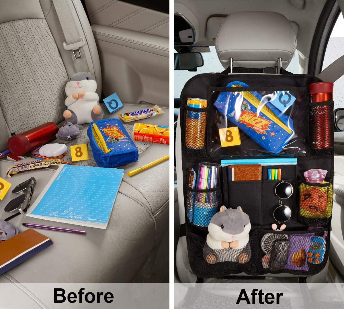 on the left, a car seat cluttered with toys and snacks labeled