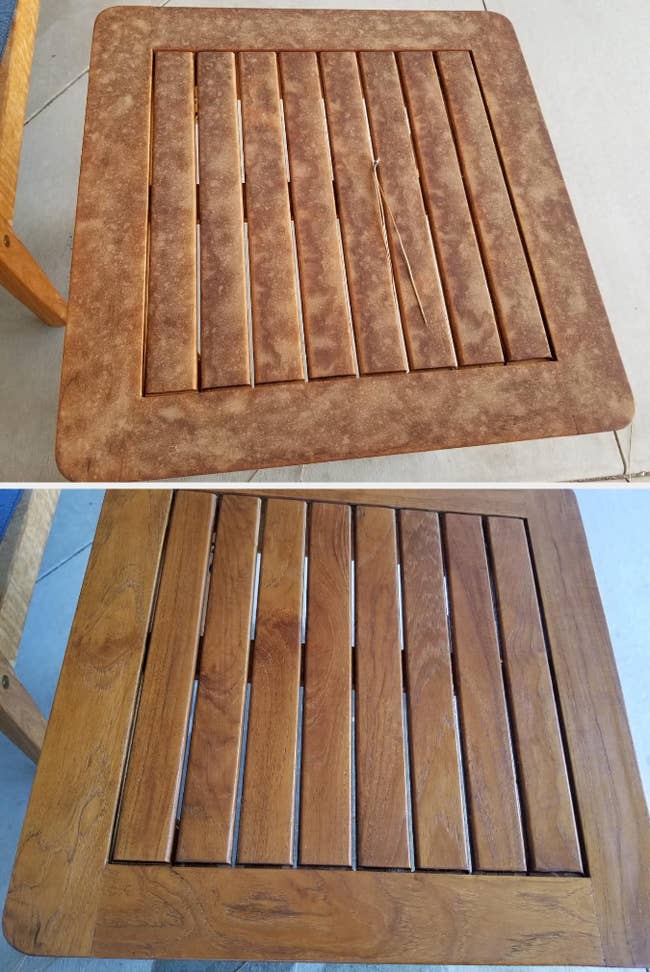 a reviewer's teak patio set cleaned using the oxiclean outdoor formula