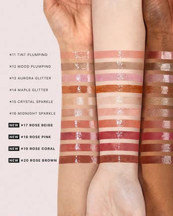 Arms show  swatches of articulator  gloss shades, ranging from plumping and glitter to caller   roseate  colors, connected  antithetic  tegument  tones for comparison