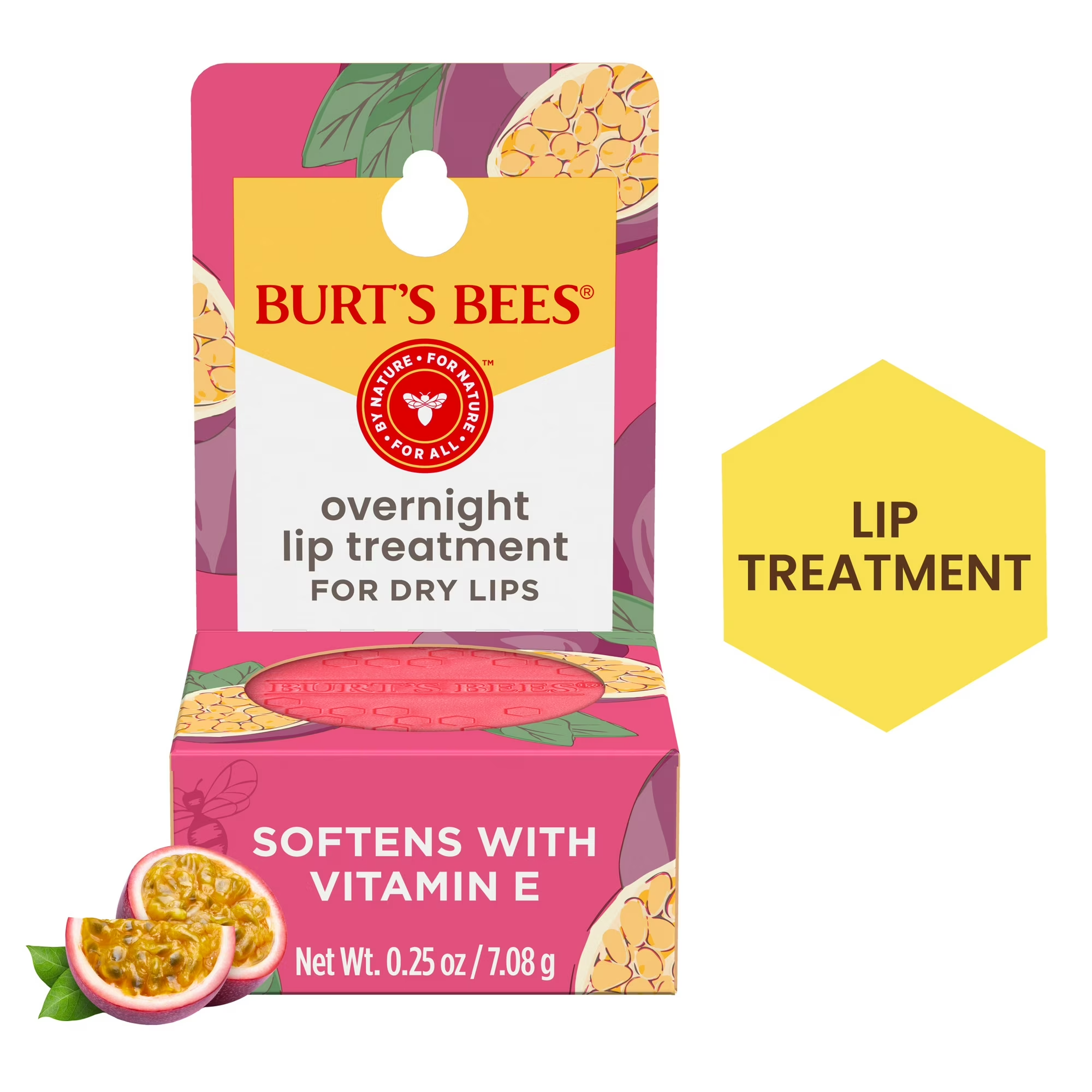 Burt's Bees overnight articulator  attraction    packaging, featuring passionfruit imagery, highlights vitamin E benefits for softening adust  lips