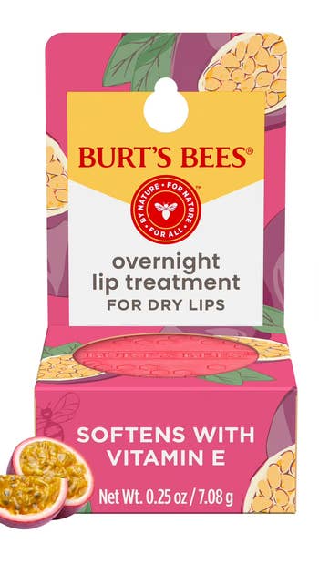 Burt's Bees overnight articulator attraction packaging, featuring passionfruit imagery, highlights vitamin E benefits for softening adust lips