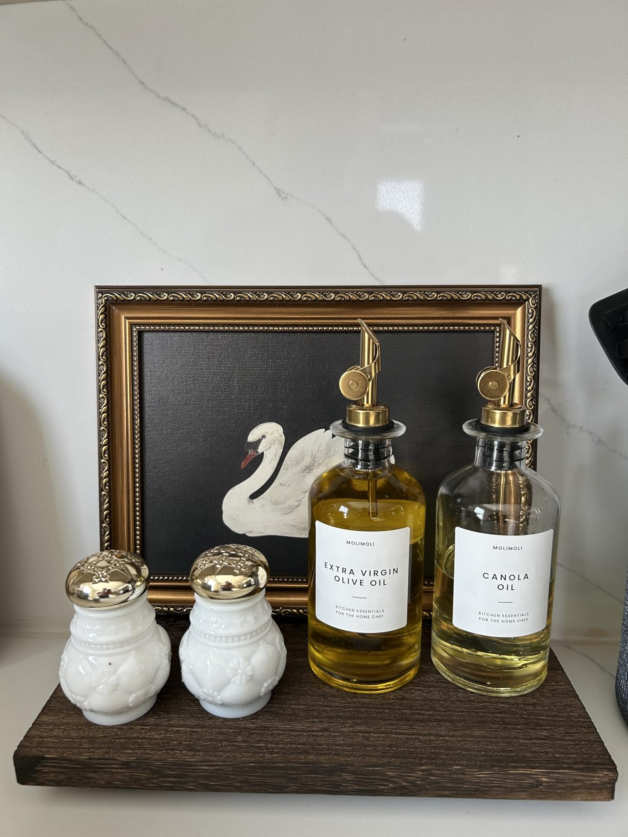 Two decorative lipid  dispensers labeled arsenic  other  virgin olive lipid  and canola lipid  are displayed connected  a support  alongside 2  achromatic  brackish  and capsicum  shakers