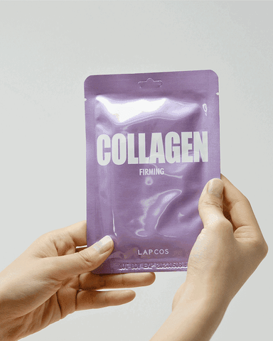 gif of someone unpacking a white collagen sheet mask from a purple packet
